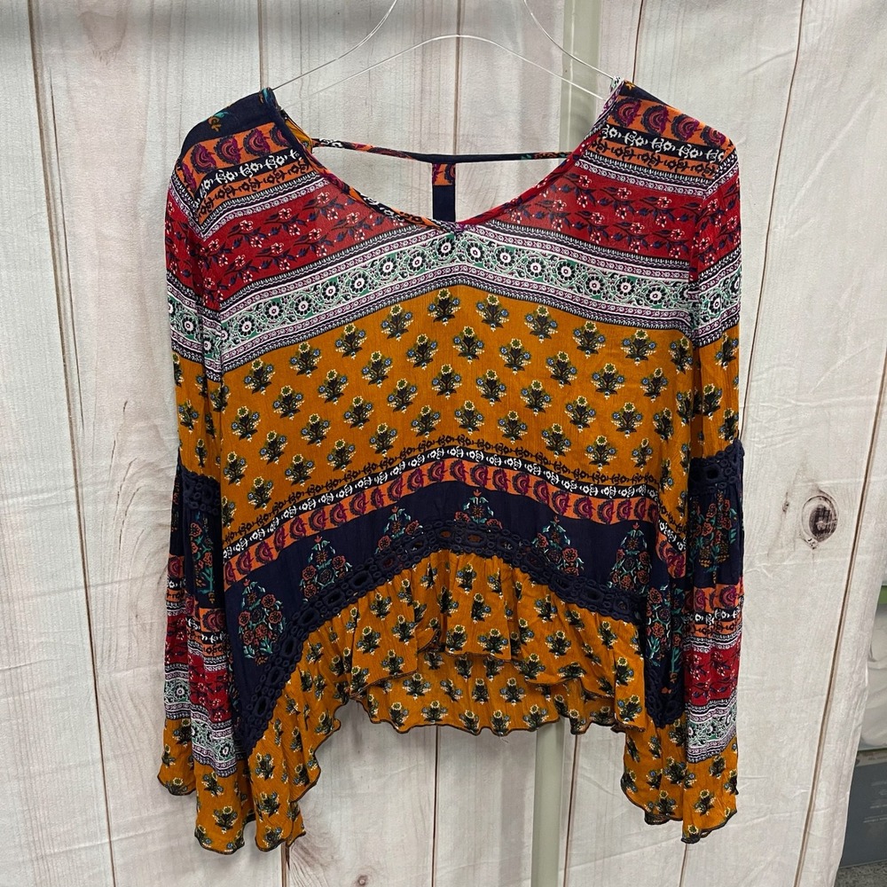 Patrons of Peace Boho Bell Sleeve Open Back Peace Sign Print Blouse Small - Picture 2 of 6